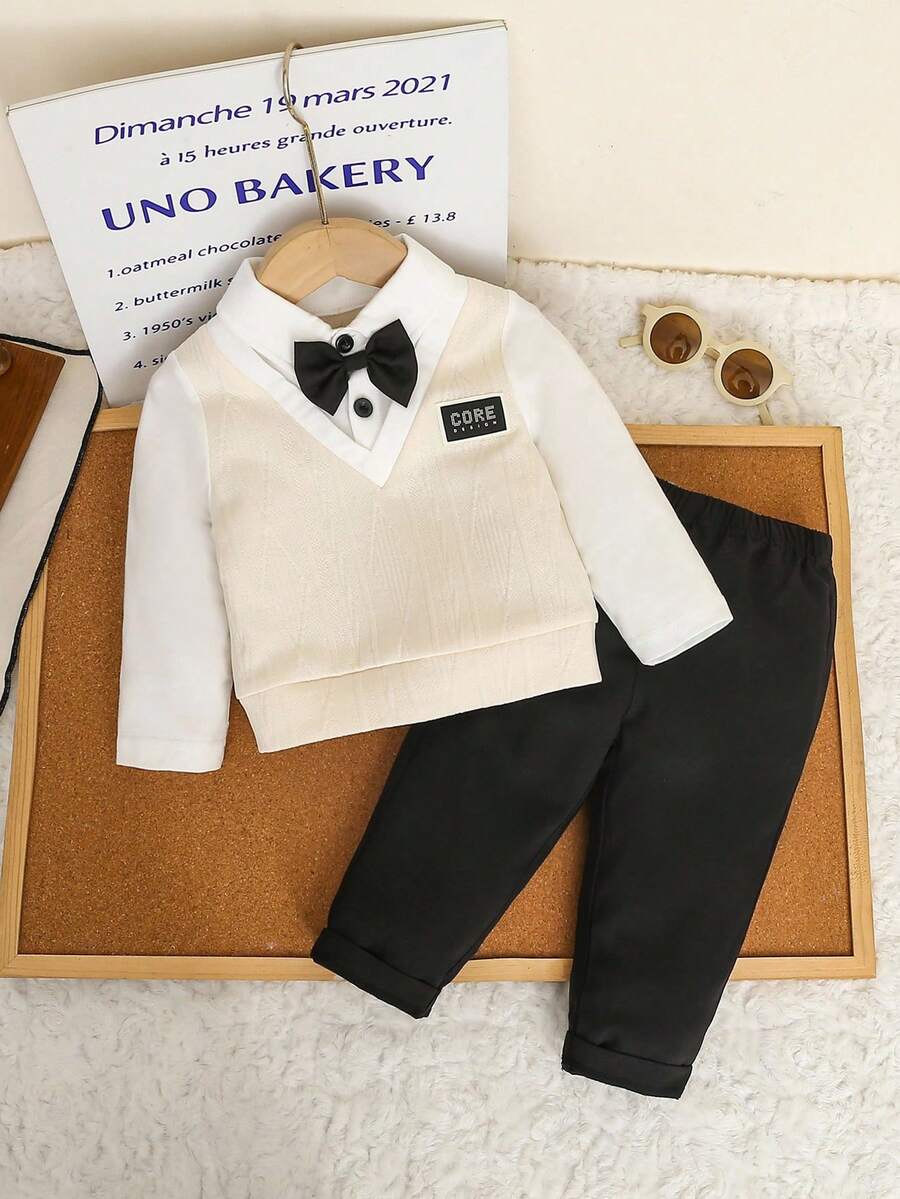 SHEIN 2pcs Baby Boy Preppy Gentleman Style Colorblock Knit Polo Shirt With Bowknot And Pants Set,Black And White,Elegant,Modest,Formal Wedding Party - Black - View 1