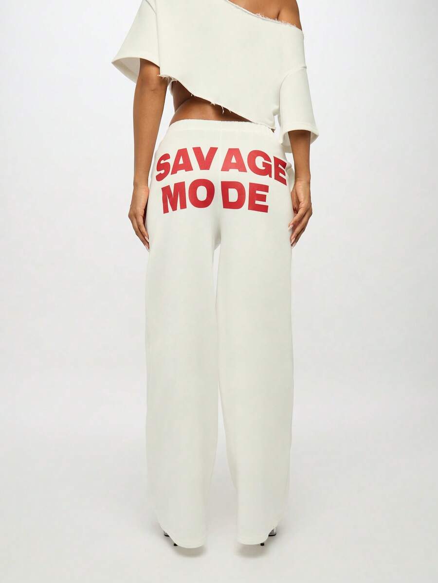 SUMWON WOMEN Bold Back Print High Rise White Baggy Jogger Pants Loose Fit Elastic Waist Street Style Loungewear Fall Winter Fashion Statement Text Print - White - View 1