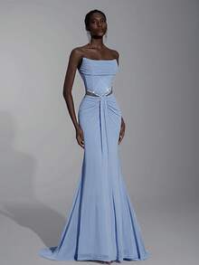 Elitara 优雅浅蓝色露肩低胸腰部镂空奢华手工水钻弹力褶饰美人鱼裙，适合婚礼、单身派对、度假、舞会、正式场合（重型） - 藍色 - 查看 6