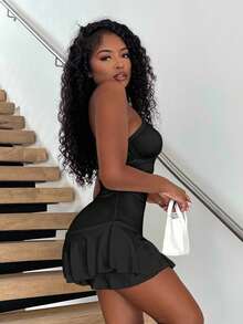 Alexandranx One Shoulder Ruffle Trimmed Women's Bodycon Romper - Black - View 4