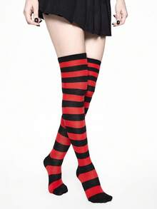 ROMWE Grunge Punk 1 Pair Gothic Style Red & Black Wide Striped Over-The-Knee Socks - Multicolor - View 3