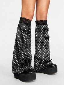 ROMWE Anime 1 双黑色复古可爱原宿风格白色波尔卡圆点蝴蝶结蕾丝拼接时尚腿套，适合日常穿着、音乐节、动漫大会，一款很棒的时尚配饰 - 黑色 - 查看 4