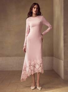 MOTF PREMIUM CONTRAST LACE ASYMMETRICAL HEM DRESS - Pink - View 4