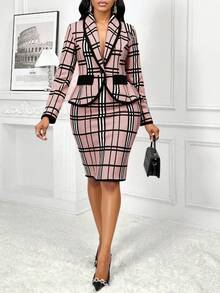 SHEIN Lady 春夏秋冬优雅通勤办公室彩色针织翻领纽扣中长袖大码西装套装商务休闲女装商务休闲女装商务休闲秋季女装优雅商务休闲女装秋装大码秋季女装优雅女装秋季女装 - 藕粉色 - 查看 6