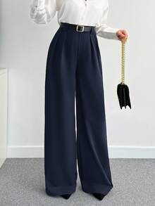 EURMUSE Women Solid Color High Waist Wide Leg Pants - Navy Blue - View 3