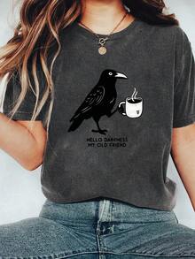 EMERY ROSE Plus Size Hello Darkness My Old Friend" Quirky Crow Print Women'S T-Shirt - Casual Crew Neck, Short Sleeve, Comfortable Fit For Spring/Summer, Gray With Black Graphic Design - Grey - View 1
