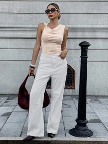 Pariaura Women's Apricot Pink High Elastic Knitted Fabric Sleeveless Tight Slimming Sexy Party Vacation Travel Date Starfish Metal Button Outer Wear Bottoming Women's Top Beach Cruise Music Festival Boho Draped Collar Swing Collar Casual Street College Old Money Style Cool 2025 New Spring/Summer/Autumn/Winter Tank Tops