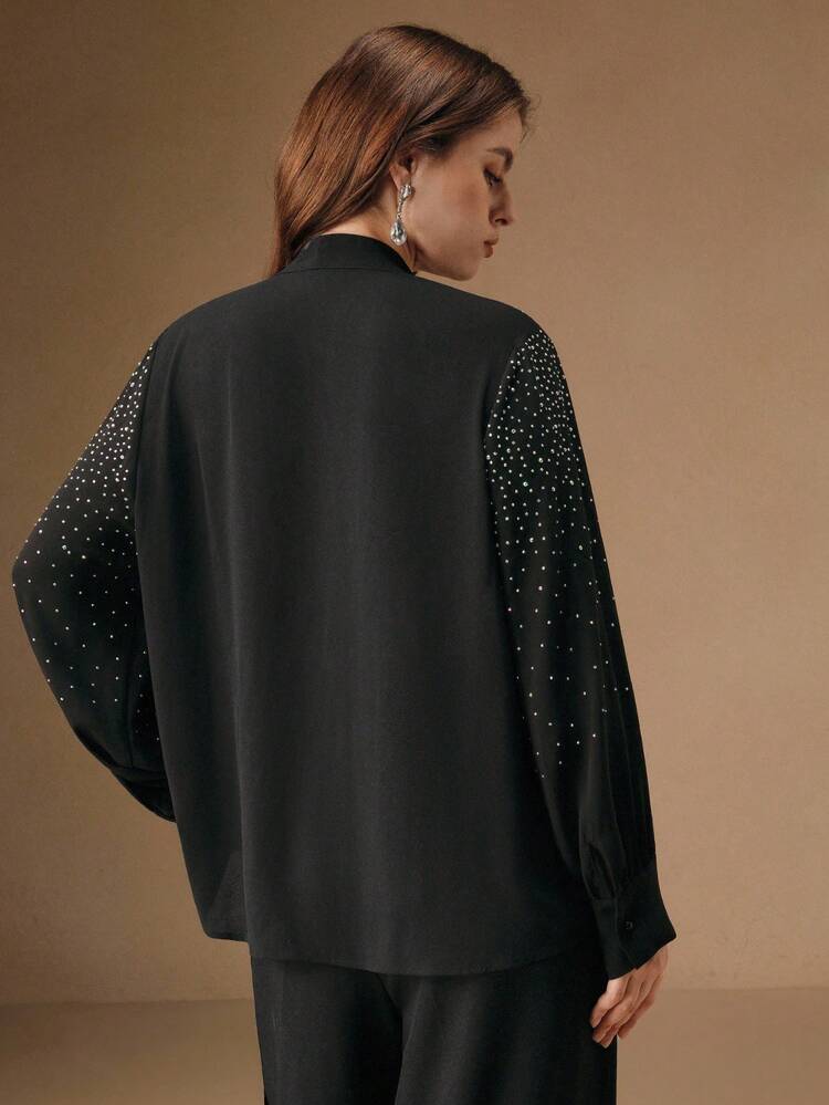 Plus Size Women Elegant Loose Fit Long Sleeve Black Blouse