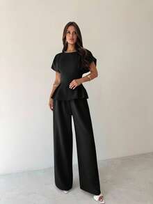 Firerie 夏季新款简约优雅通勤度假复古毕业日常百搭黑色竹纹面料圆领短袖腰部褶裥X型常规衬衫上衣+宽松阔腿裤两件套，教师装，复古风，女士办公室装，机场装，旅行装，外出装 - 黑色 - 查看 8