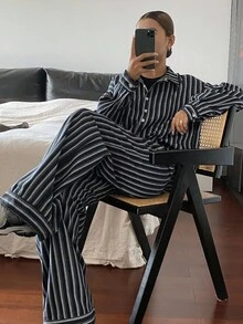 DAZY Autumn/Winter New Loose Casual Striped Relaxed Style Women 2 Pieces Set Lounge Sets For Women - Navy Blue - View 1