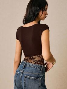 Poéselle Women's Fashionable Sexy Lace Patchwork Bodysuit