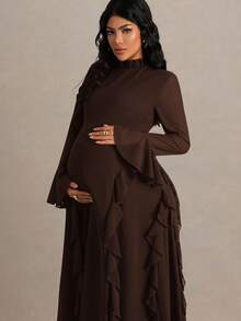 MaterniChic 孕妇纯色立领插肩袖荷叶边下摆时尚连衣裙 - 棕色 - 查看 4