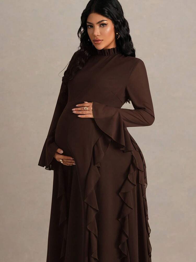 blue dress for baby girl Mireille Brown Halter-Neck Maternity Midi Dress  Club L London