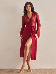 Charlaine 法式蕾丝网眼斜裁女士睡袍 - 紅色 - 查看 5