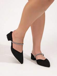 CUCCOO CURVES Plus Size Women's Pointed Toe High Heel Rhinestone Embellished T-Strap Fashion Dress Pumps - Black - View 1