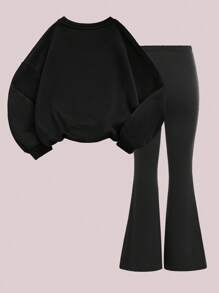 SHEIN Leap Crew 复古图案豹纹印花少女针织圆领宽松运动衫和喇叭裤两件套，街头风，休闲校园运动风格，户外野餐，郊游，街头风格，居家，学校