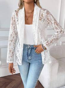 EMERY ROSE Ladies' Lace Loose Jacket With Shawl Collar And Half Curve Hem For Holiday Party Clothes - White - View 5