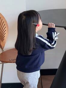 DAZY Baby Girl Contrast Color Collar Korean Style Bow Long Sleeve Sweatshirt Fall, Winter Toddler Girls Clothes - Navy Blue - View 4