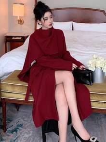 DAZY Women's Loose Waist Long Overcoat With Scarf Collar, Casual City Style,New Year - Burgundy - View 2