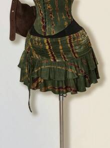 SHEIN ICON 女士扎染两件套，嬉皮风格扎染低胸超迷你裙，两件超低腰套装 - 軍綠色 - 查看 8