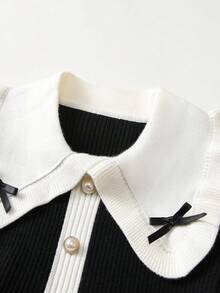 Souflis Souflis Váy len cổ bẻ cho bé gái, váy dệt kim dài tay trang trí nơ, phong cách học thuật, thích hợp mặc hàng ngày, đi chơi, ngày lễ và tiệc tùng, có thể dùng làm quà tặng - màu đen - Xem 2