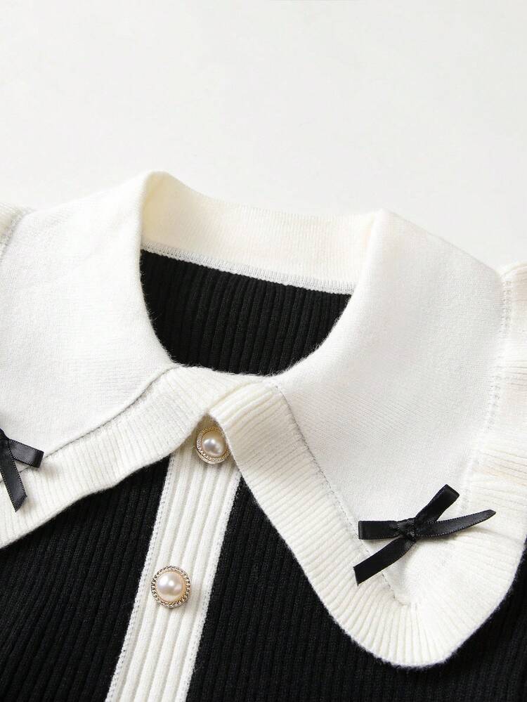 Souflis Souflis 女童翻领毛衣裙蝴蝶结装饰长袖针织连衣裙学院风适合日常穿着外出度假聚会可作为礼物 - 黑色 - 查看 2