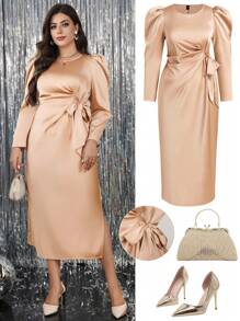 Ellevyn Plus Size Women's Satin Long Sleeve Waist Cinched Dress, Champagne Color, Suitable For Autumn And Winter Dresses For Women Dresses For Women Elegant Fall Dresses For Women Elegant Dresses For Women Maxi Dresses For Women Plus Size Dresses Long Sleeve Dress Fall Dresses Dresses For Women Party Halloween Costumes Halloween Clothes Plus Size Women Clothes Festival Outfits For Women Winter Clothes Women's Fall Clothes Going Out Outfits Festival Outfit Autumn Clothes - Champagne - View 4