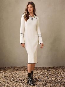 Wildy Women's Elegant Black And White Contrast Trim Knit Dress,Slim-Fit Long Sleeve Collared Sweater Dress For Office,Autumn Business Casual Wrap Outfit - Beige - View 6