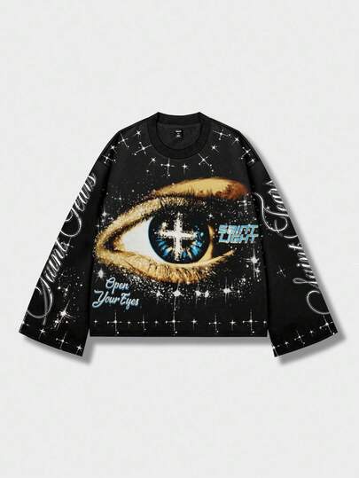 Grunge Punk Men's Rhinestone Embellished Eye Long Sleeve T-Shirt, Casual Street Punk Style, Spring/Autumn, Fall, 2000s Style