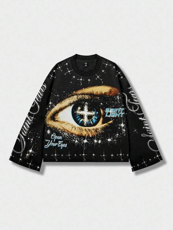 ROMWE MEN Street Life Men's Rhinestone Embellished Eye Long Sleeve T-Shirt, Casual Street Punk Style, Spring/Autumn, Fall, 2000s Style
