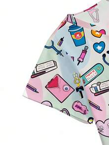 PopScrub Plus Size Women V-Neck Short Sleeve Double Pocket Cartoon Equipment Printed Nurse/Doctor Work Uniform Top, Plus Size Women Solid Color Pet Grooming Work Uniform Top, Plus Size Nutritionist Work Uniform Short Sleeve, Plus Size Functional Multi-Pocket Lab Work Uniform, Plus Size Functional Women's Holiday Wear, Summer - Multicolor - View 4