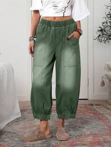 EMERY ROSE 女士休闲街头宽松腰部拼布口袋水洗哈伦牛仔裤女绿色裤子女士休闲裤女士夏季裤子女士工装裤女士橄榄绿裤子