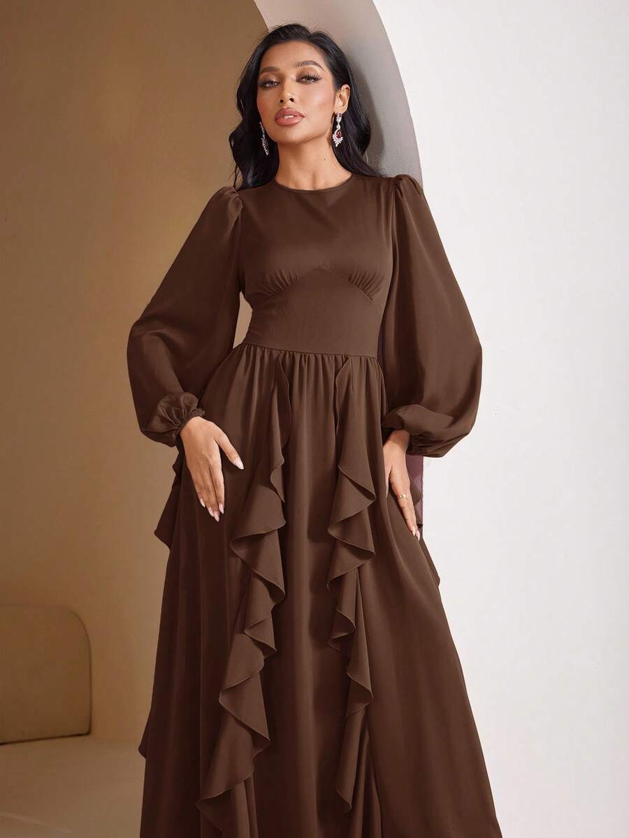 Veilorie Women's Solid Color Round Neck Lantern Sleeve Ruffle Hem Elegant Arabic Style Dress - Coffee Brown - View 1