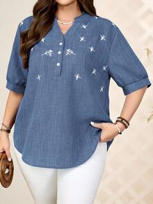 EMERY ROSE 大码短袖衬衫，夏季时尚 - 藍色 - 查看 3