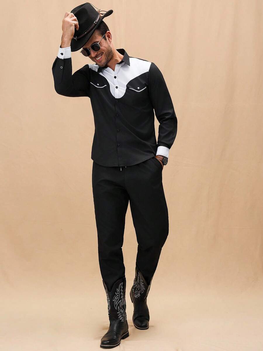 Manfinity Nomadique Men's Casual Everyday Contrast Color Button-Front Shirt And Pants Set,Fall Clothes - Black - View 1
