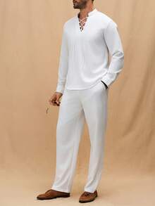 Manfinity Homme Men's Young Drawstring Collar Design Stand Collar Shirt Top And Elastic Waist Pants Set, Fall Clothes - White - View 4