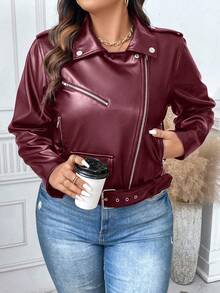 Calvaya 大码纯色简约休闲长袖翻领夹克 - 酒紅色 - 查看 7