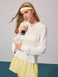 CourtClass Women's Lightweight Textured Fabric Backless Hooded Long Sleeve Casual Sports T-Shirt For Tennis, Golf, Daily Wear - White - View 7