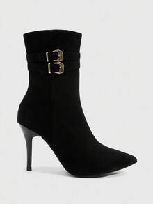 CUCCOO SZL 女士尖头细高跟扣性感优雅时尚中筒靴 - 黑色 - 查看 3