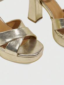 CUCCOO SZL 女士银色圆头粗跟中跟优雅休闲简约舒适一脚蹬高跟鞋，适合工作、通勤、正式场合、派对、婚礼 - 金色 - 查看 6