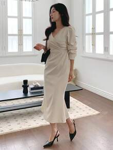 DAZY Damen V-Ausschnitt Langarm Taille Raffung Midi Meerjungfrau Kleid - Weiss - Übersicht 3