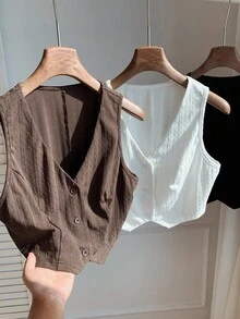 Comfortcana 3件套女士休闲度假日常简约百搭纯色提花纽扣前开襟上衣，夏秋季无袖上衣 - 彩色 - 查看 1