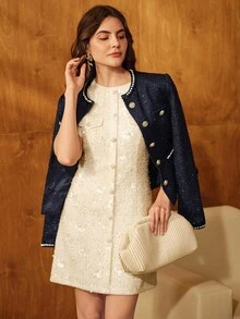 Anewsta Women's Vintage Round Neck Tweed Sequin Tassel Pearl Knit Elegant Metal Button Waist Long Sleeve Christmas Short Jacket - Navy Blue - View 3