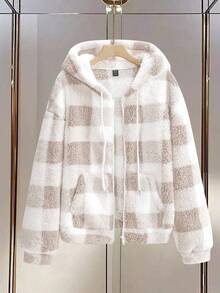 Chiquease Áo khoác trùm đầu kẻ caro dài tay có khóa kéo phía trước, có túi, mặc thường ngày giữ nhiệt - Màu be - Xem 1