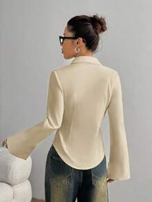 TRNVIE Women's Casual Autumn Knight Embroidery Front Button Waist Fitted Shirt - Light Yellow - View 2