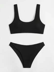 Swim Basics Summer Beach Rib Bikini Set Full Coverage Bikini Set - Black - View 6
