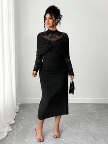 SHEIN Elenzya Plus Size Women's Stand Collar Long Sleeve Fitted Sexy Lace Patchwork Elegant Dress Fall Cloth For Women