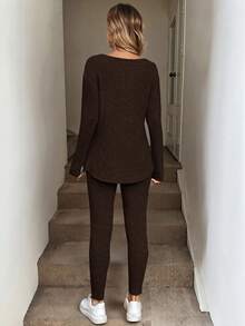 SHEIN LUNE 2pcs/Set Women Thermal Lined Ribbed Long Sleeve T-Shirt And Leggings, Pink, Autumn/Winter,Fall - Coffee Brown - View 2