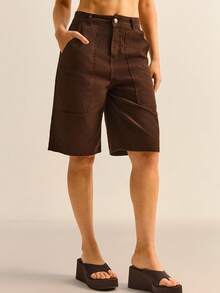 Daynim Slant Pocket Bermuda Denim Shorts - Brown - View 4