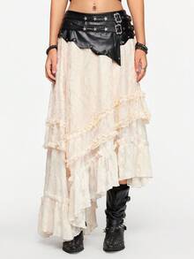 ROMWE Grunge Punk Romantic Punk PU Contrast Lace Heavy Rivet Design Women's Skirt - Multicolor - View 3